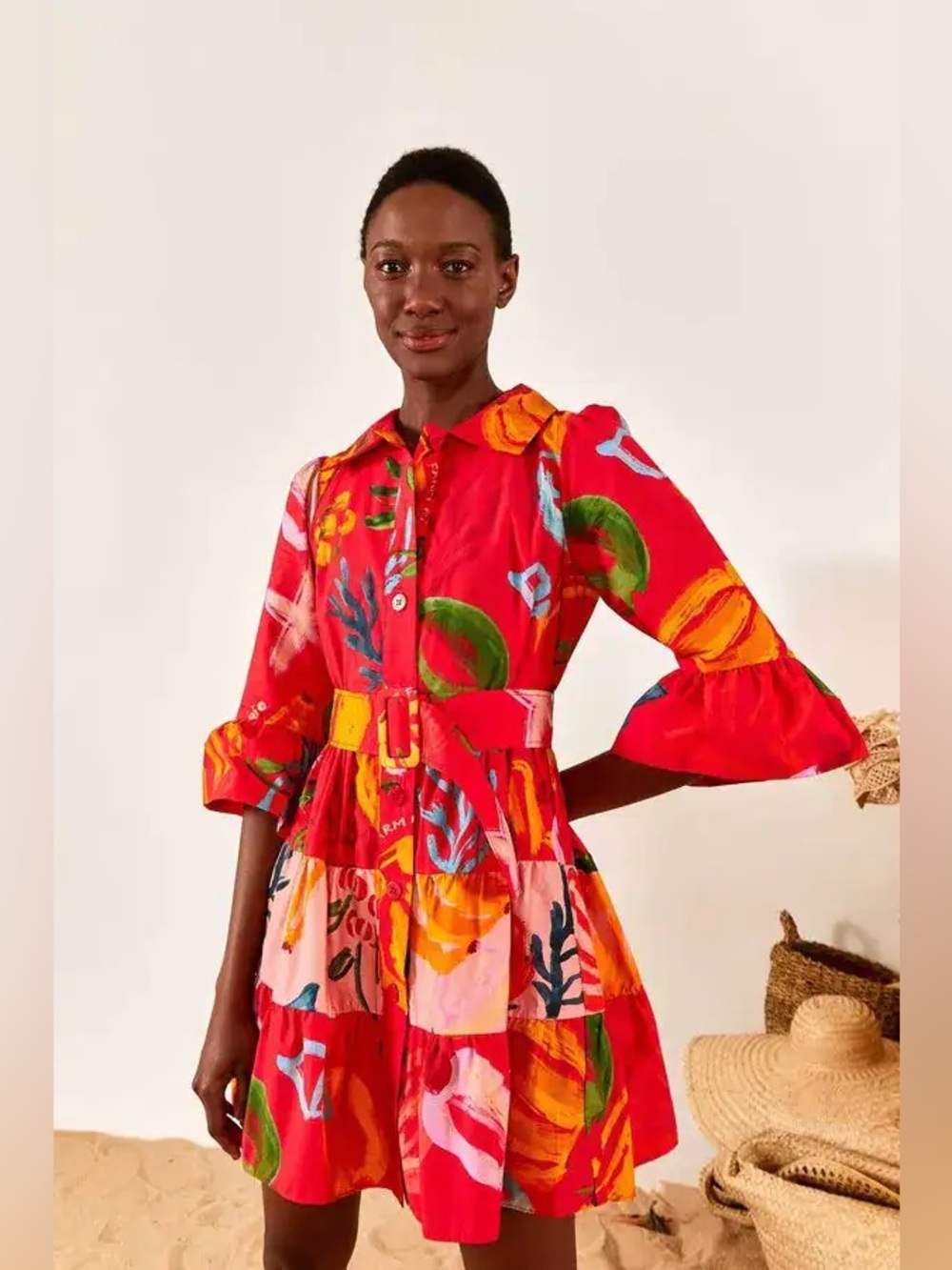 FARM Rio Printed Mini Shirt Dress Collared Button Front Belted Belt Tropical